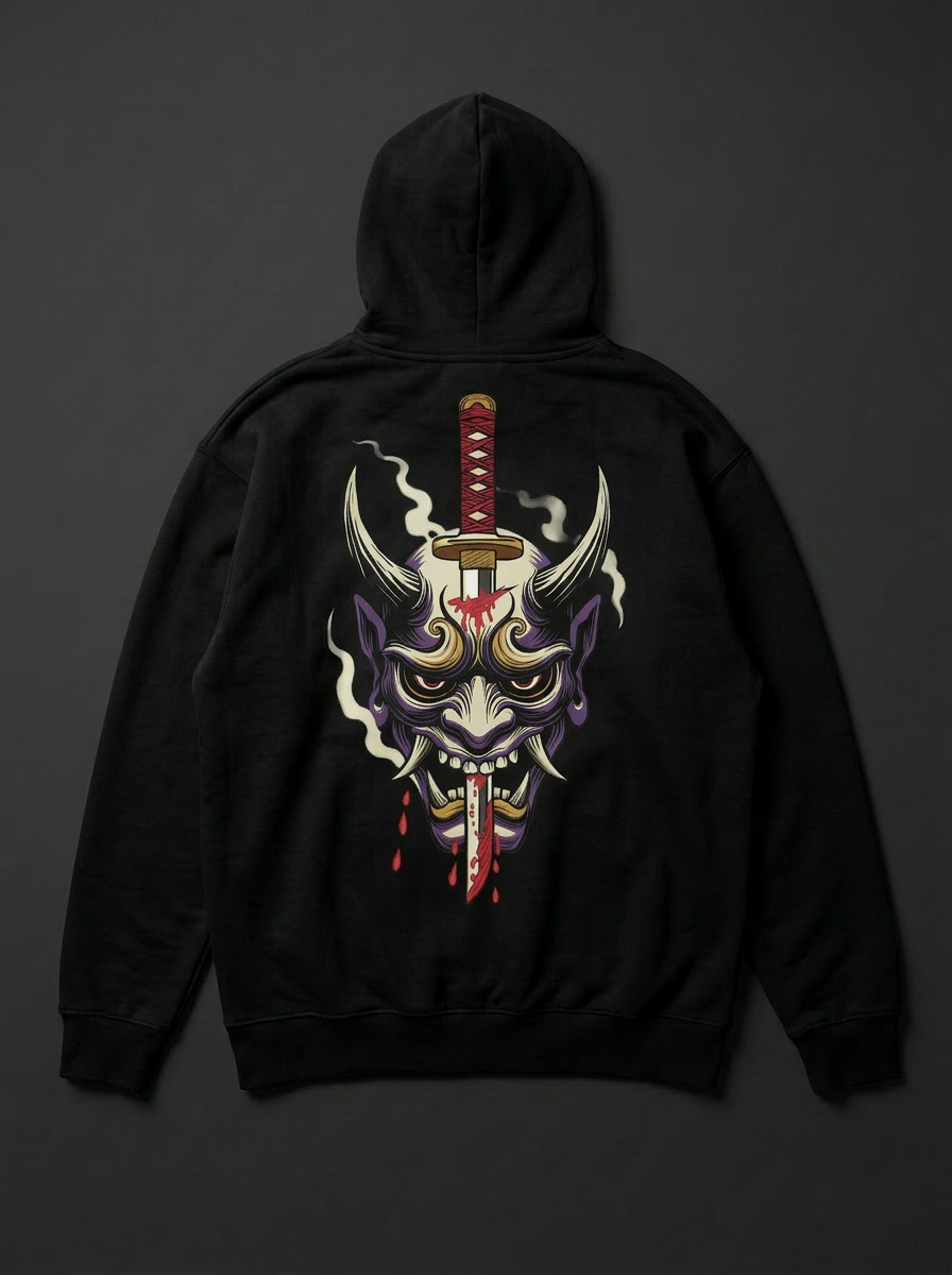 Black heavyweight hoodie with purple oni mask and katana back print — flat lay